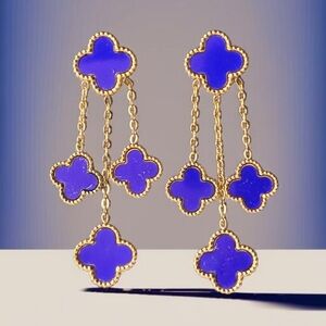 18k Gold Plated 4 Clover Motif Royal Blue Dangle Drop Earrings